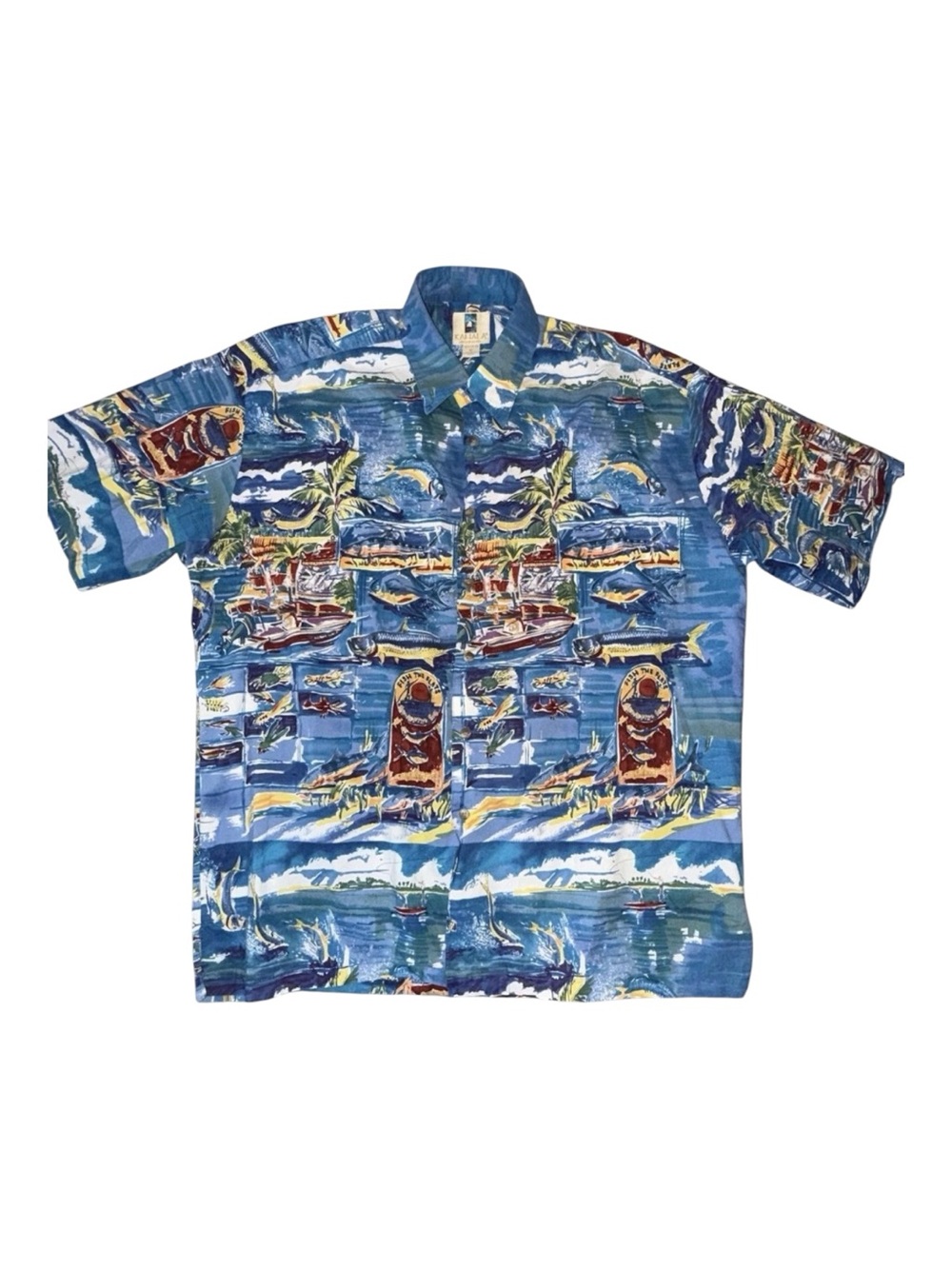 KAHALA Made in Hawaii‎ Mens Size XL Blue Fish The Flats  Cotton Shirt  Aloha
